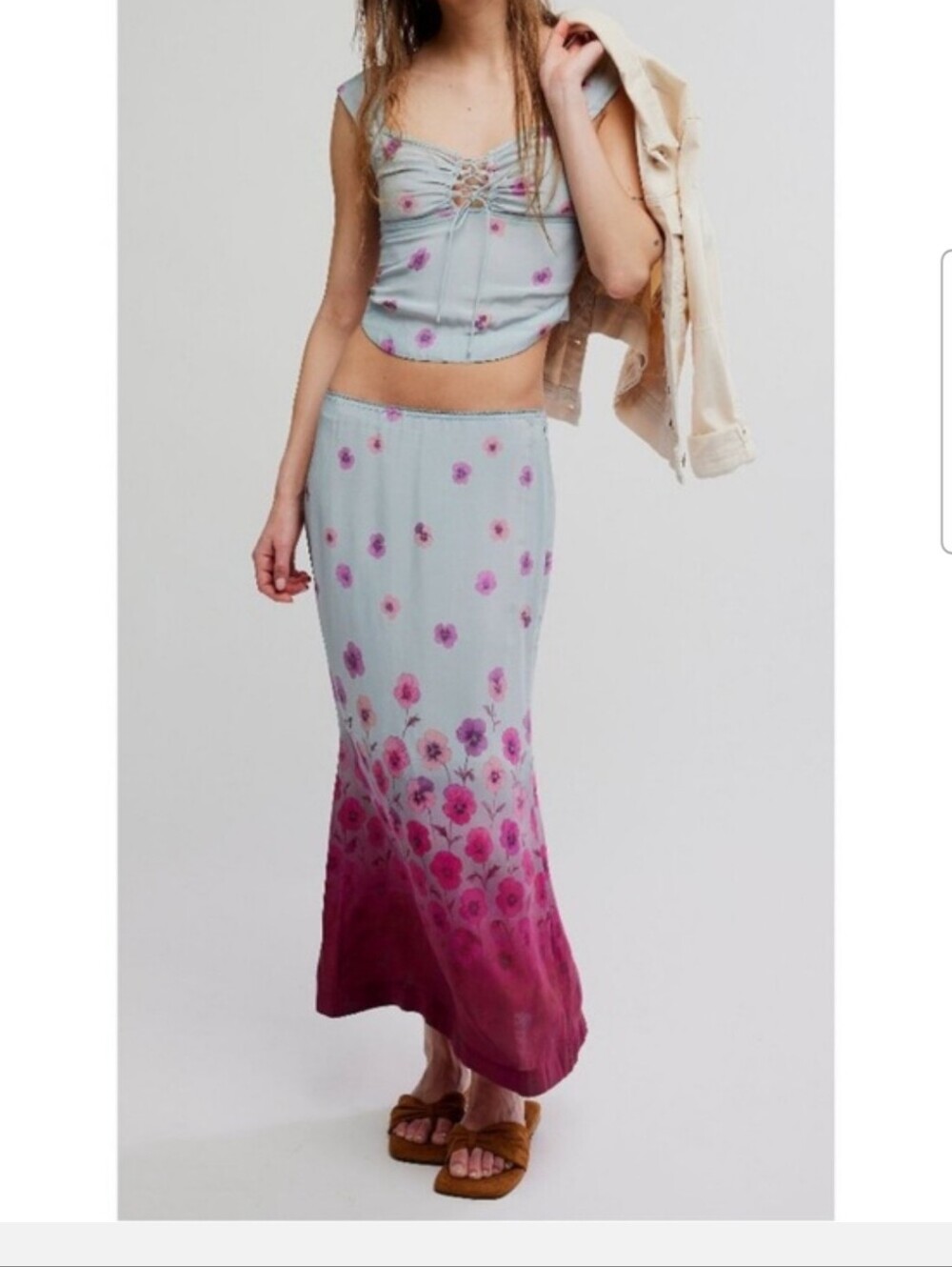 Free People NWOT Gray Maxi Skirt with Burgundy Floral Ombre